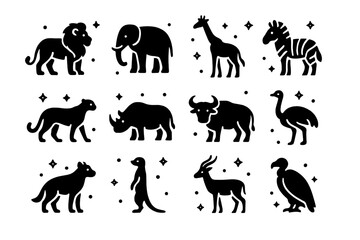 Obraz premium Savanna Animal Icons. Savanna Animals. Solid icons set of Savanna Animals: lion, elephant, giraffe, zebra, cheetah, rhino, buffalo, ostrich, hyena, meerkat,