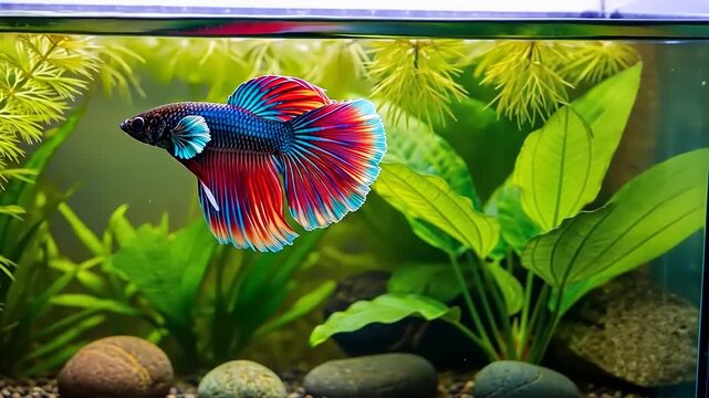 Colorful Betta Fish Swimming in a Lush Aquarium with Aquatic Plants.