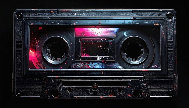 Worn, dark audio cassette, lit with bright pink and blue, displays a distressed, futuristic aesthetic against black