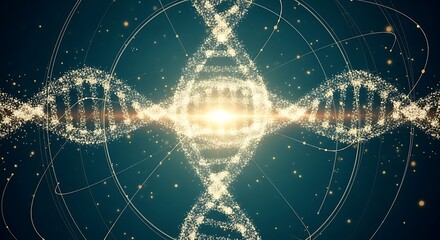 Abstract representation of a dna molecule with glowing particles and connections