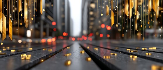 Urban Street Scene with Gold Decoration and Blurred City Background