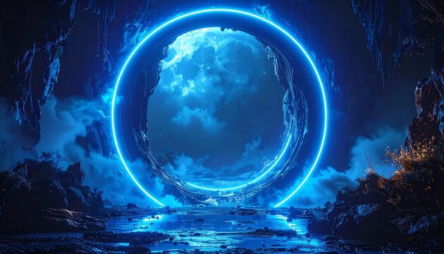 Abstract artwork of a neon portal in a fantasy landscape scene