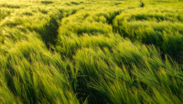 A sunlit field of green grass swaying in the gentle breeze at sunset