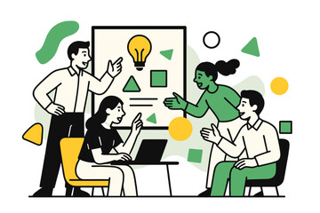 Creative Project Collaboration. Team Leaders Guiding Teams in Creative Projects. Leader presenting project ideas on a screen with team members collaborating