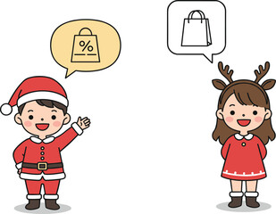 Cute boy in Santa costume and girl with reindeer antlers talking about Christmas shopping and holiday sale vector illustration design