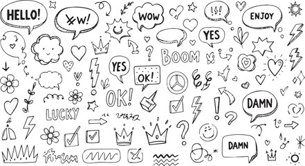 Hand-drawn doodle speech bubbles and design elements vector illustration of comic style sketches background