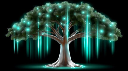 Glowing Tree with Luminescent Leaves and Ethereal Light Effects at Night