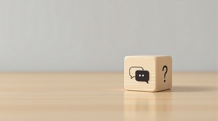 Understanding questions and answers: a wooden block with speech bubbles and a question mark concept art