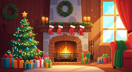 Fireplace with burning logs next to a decorated Christmas tree and gifts. Festive home interior for Winter holidays celebration. Cartoon flat illustration