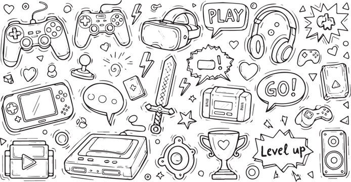 Hand-drawn gaming doodles vector illustration of video game elements perfect for stickers and coloring books - Powered by Adobe