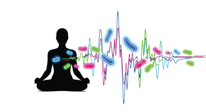 Silhouette meditating figure connected to vibrant energy waves and microscopic organisms