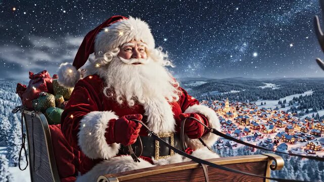 Santa Claus flying through the night sky in a sleigh pulled by reindeer above snowy forests and glowing Christmas towns