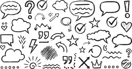 Hand-drawn doodle elements including arrows speech bubbles and symbols vector illustration for design and decoration