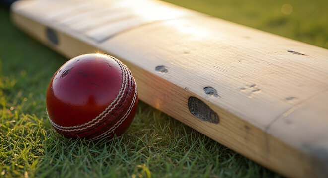 Cricket bat and red ball on grass field during sunny day  