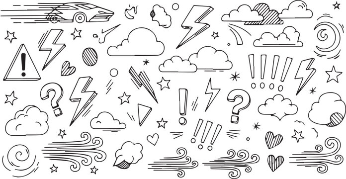 Hand-drawn weather and hazard doodles including clouds lightning wind and a warning sign vector illustration