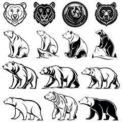 
Vector set of logos, icons, symbols, and bear silhouettes