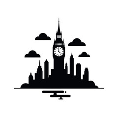 Silhouette skyline showing city skyline with Big Ben, buildings, and water reflection. City skyline includes famous tower and clouds. Isolated city skyline illustration for logos or illustrations.