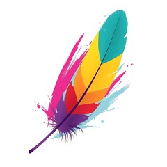 A set of colorful bird feathers forms a fluffy pattern element against a white background
