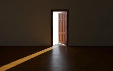 Open door casting long tapering shadow across dark interior floor