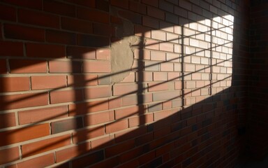 Sunlight patterns cast by barred window on textured brick wall warm tones