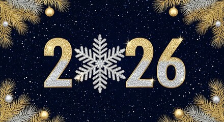 Naklejka premium Sparkling 2026 new year design with snowflake and golden decorations