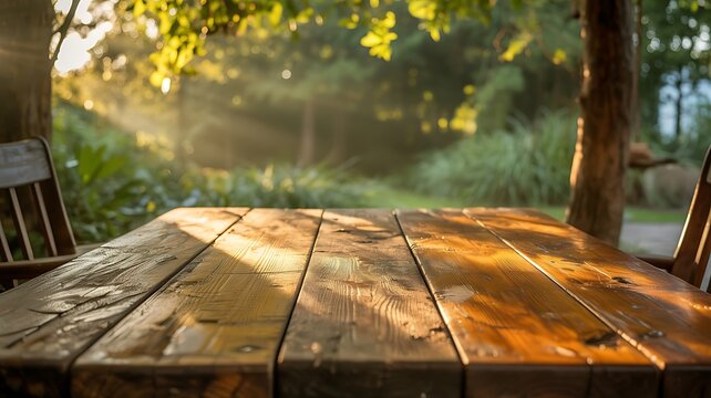 Rustic wooden table setting in a lush garden with sunlight