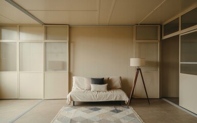 Minimalist studio apartment with futon floor lamp and sliding doors
