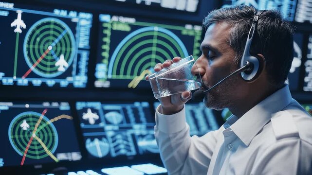 Air Traffic Controller Drinking Water During Shift in Control Room