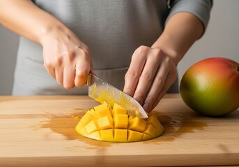 Preparing sweet mango fruit on a wooden board, tropical refreshment