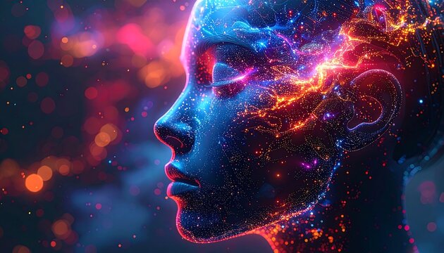 Woman's profile, skin texture replaced by glowing particles, with a cosmic background of blurred lights and colors