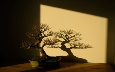 Shadow of a miniature tree casts across a textured wall in soft morning light