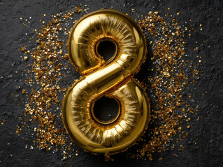 Shiny gold foil number eight balloon with golden confetti on black background