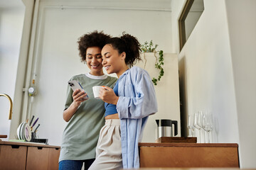 Joyful moments shared by African American couple in their modern apartment