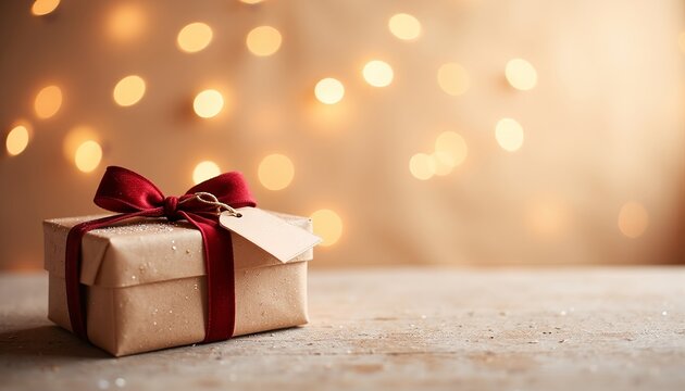 Surprise gift box wrapped in brown paper with a red ribbon on a festive background.