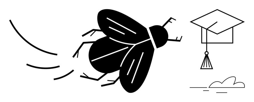 Flying insect in motion toward graduation cap suggests education, growth, ambition, success, flight, aspiration. Ideal for innovation, knowledge discovery determination. Simple flat metaphor