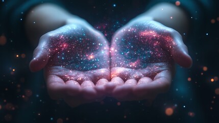 Hands, light, and holographic person of hope for spiritual support, prayer, and cosmic care. Glowing energy from 3D hands representing galaxy, stars, and spiritual energy in community, Generative AI