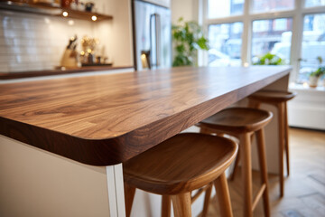 Modern kitchen island with solid walnut countertop and slim panel legs in white studio