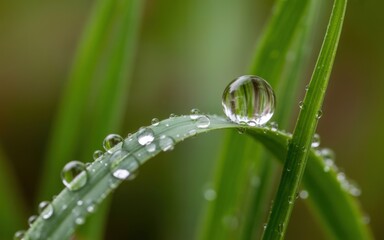 Macro photography of a single dewdrop on a vibrant green grass blade capturing light reflection.