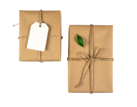  Top-Down View of Rustic Gift Boxes Wrapped in Brown Paper and Twine, isolated on white background PNG