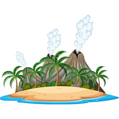 Tropical Island With Smoking Volcanoes And Palm Trees On A Sunny Day With Clear Blue Water