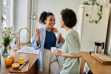 Quality moments shared between a joyful couple at home in their modern kitchen