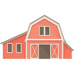 Traditional Red Barn with Large Double Doors and Windows Set Against a White Background and Gable Roof Detailed Architectural Design