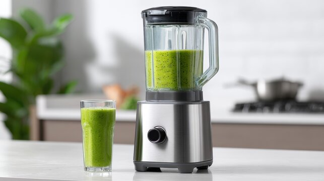 Modern stainless steel blender with fresh green smoothie in glass jar on kitchen counter, healthy lifestyle and nutrition concept