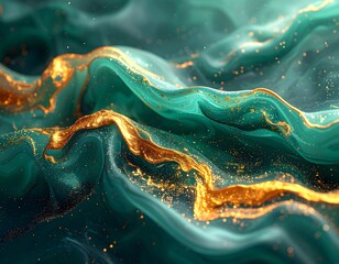 Flowing teal and gold abstract composition with glittering highlights