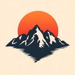 Vector illustration of a summer sunset landscape in the mountains featuring a sun silhouette against the sky