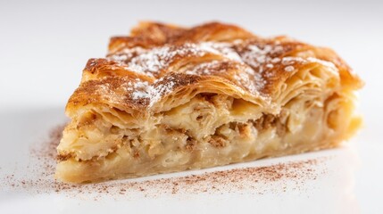 Slice of traditional apple strudel with flaky puff pastry layers, cinnamon sugar topping and powdered sugar on white plate
