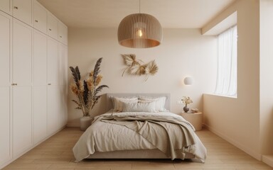 Serene bedroom oasis with natural textures and soft lighting