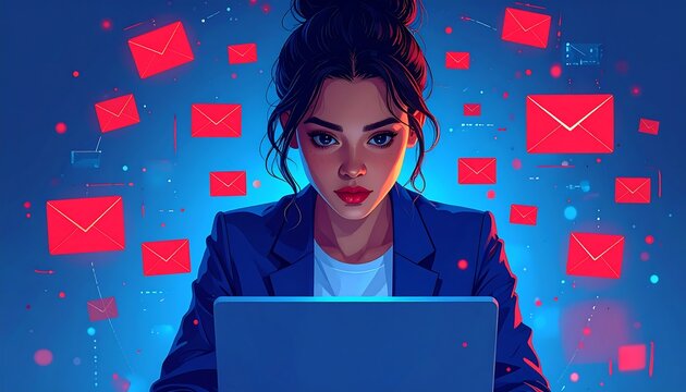 Woman works on a laptop surrounded by red email icons against a vibrant blue, futuristic background