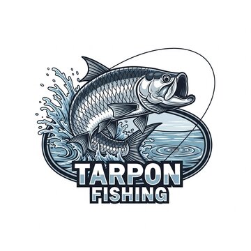 tarpon fish as a logo print design on various media such as t-shirts, mugs, hats, tote bags, etc. for various events related to fishing hobbies, vintage cartoon flat design illustrations

