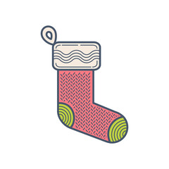 Retro Line Art Christmas Stocking. Minimalist Festive Holiday Season Vector Illustration. Vintage Winter Decoration Design Element.